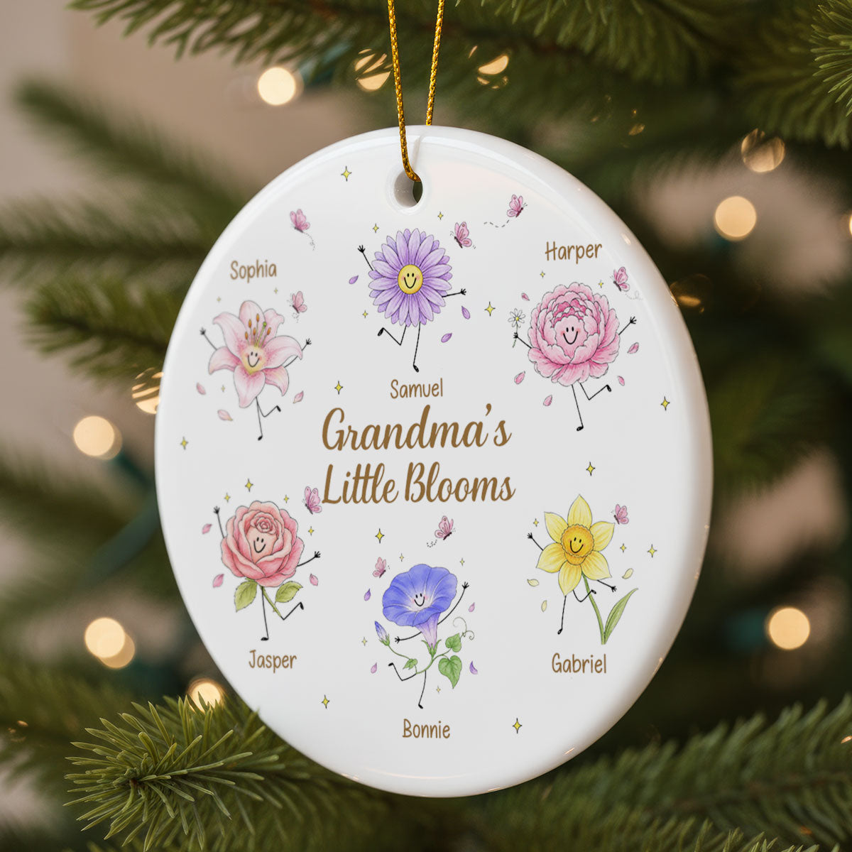 Grandma's Little Blooms Cute Doodle Birth Month Flowers - Personalized Ceramic Ornament - Home Decor Gift, Birthday Gift For Grandma