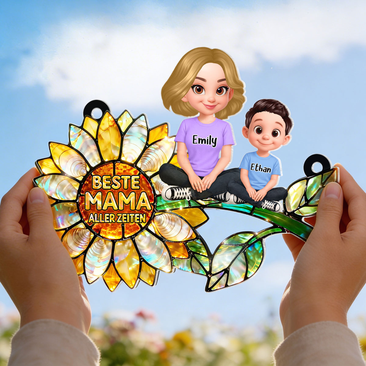 Sonnenblumen-Mama mit Kindern – Personalisierter Suncatcher fürs Fenster – Liebevolles Muttertagsgeschenk für Mama oder Ehefrau