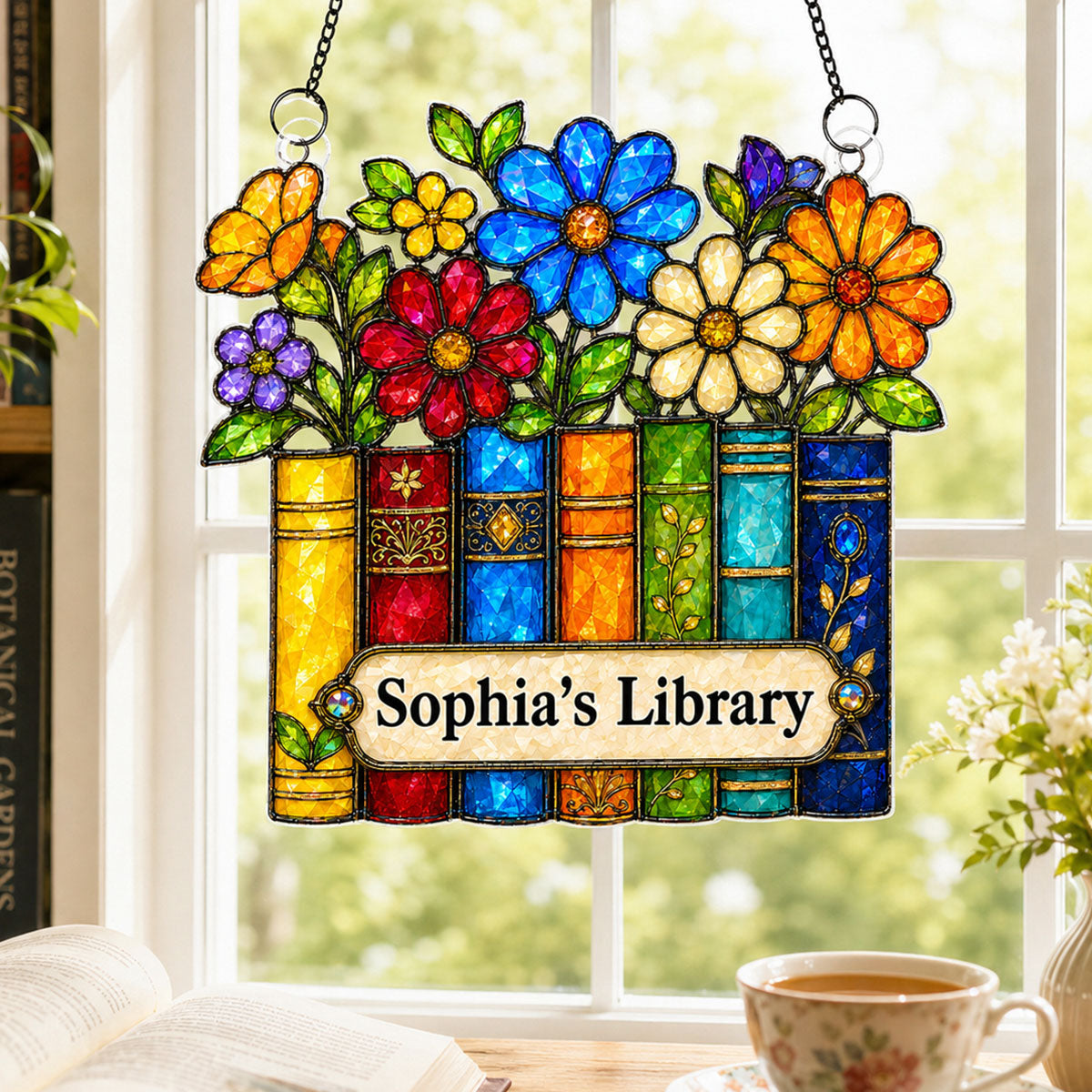 Floral Library Books - Personalized Acrylic Window Hanging - Book Lover Gifts for Women, Girl