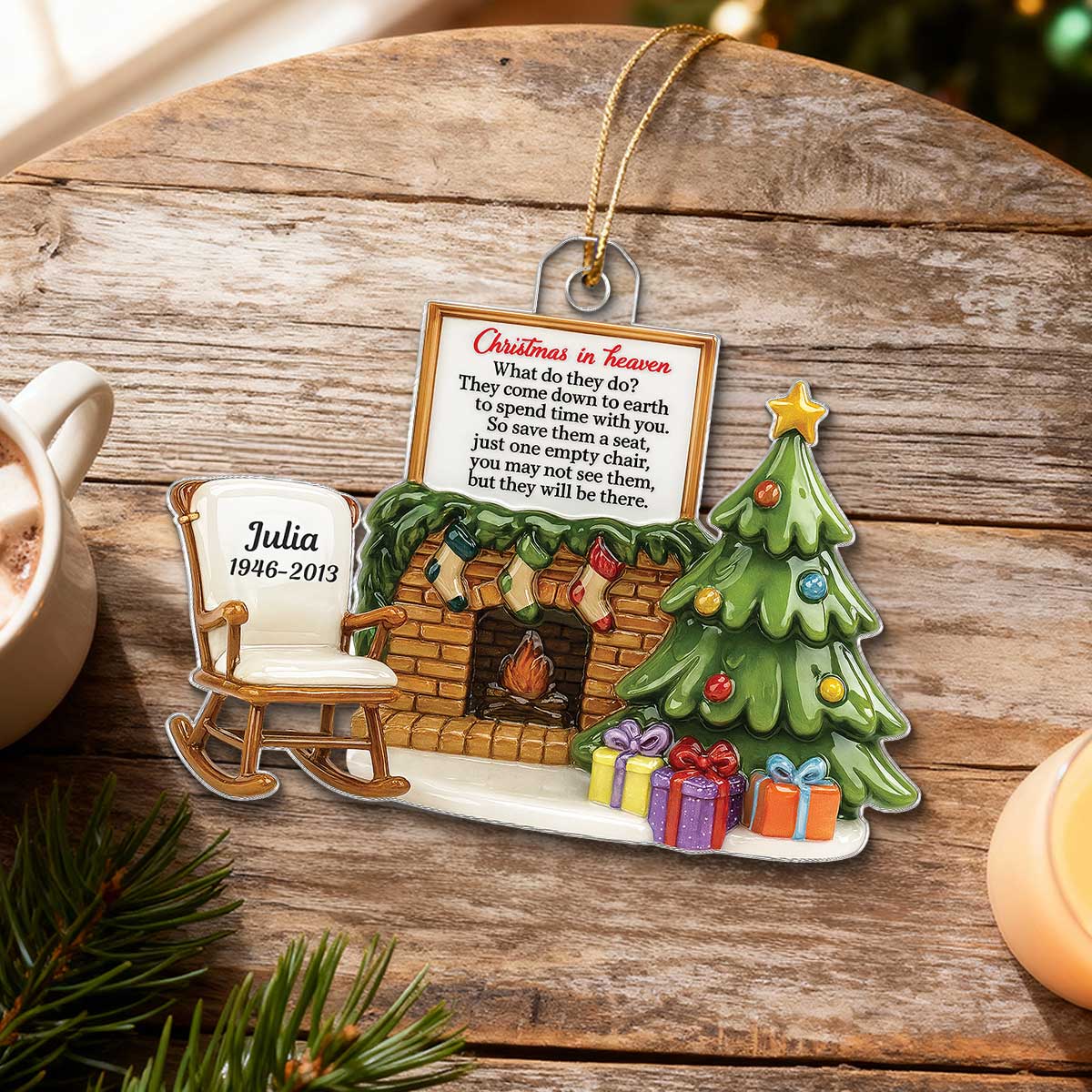 3D Effect Christmas In Heaven Chair At Fireplace - Personalized Acrylic Ornament - Christmas Memorial Keepsake For Family