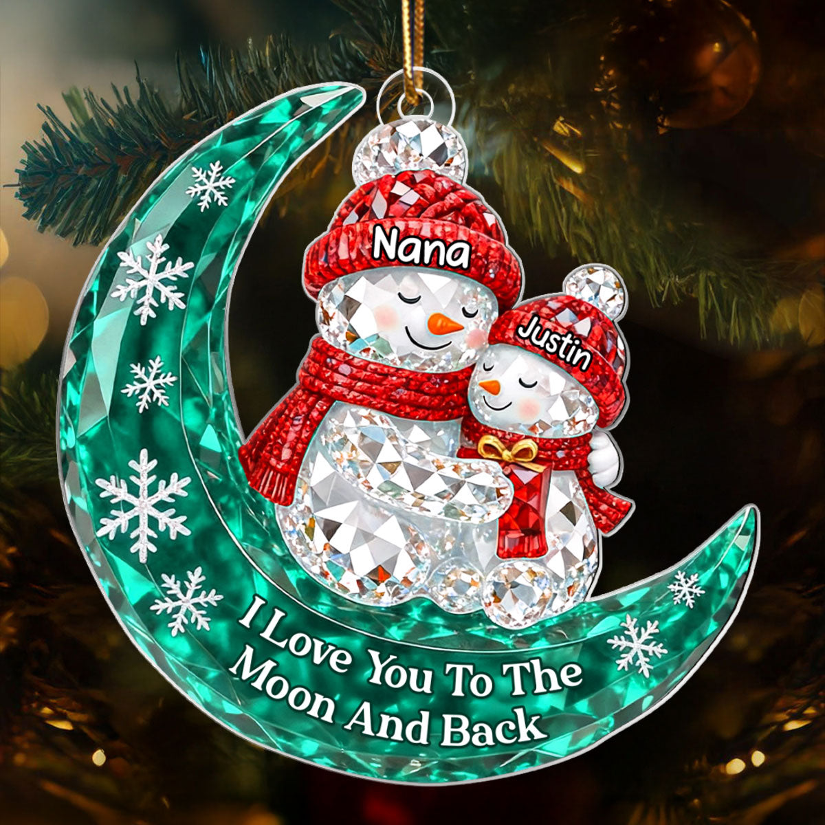 3D Crystal Effect Snowman Grandma Grandkid Love to the Moon - Personalized Acrylic Ornament - Christmas Gift for Grandma, Grandkids