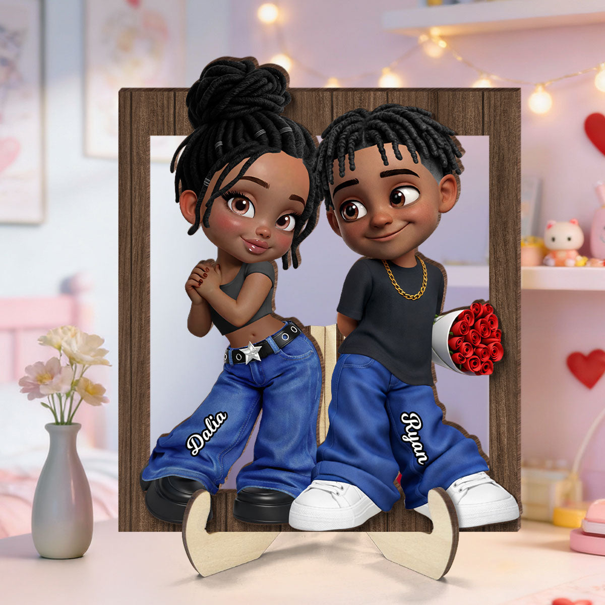 Trendy Y2K Couple Frame - Personalized 2-Layered Wooden Plaque - Heartfelt Valentine's Day Gift For Him, Gift For Her
