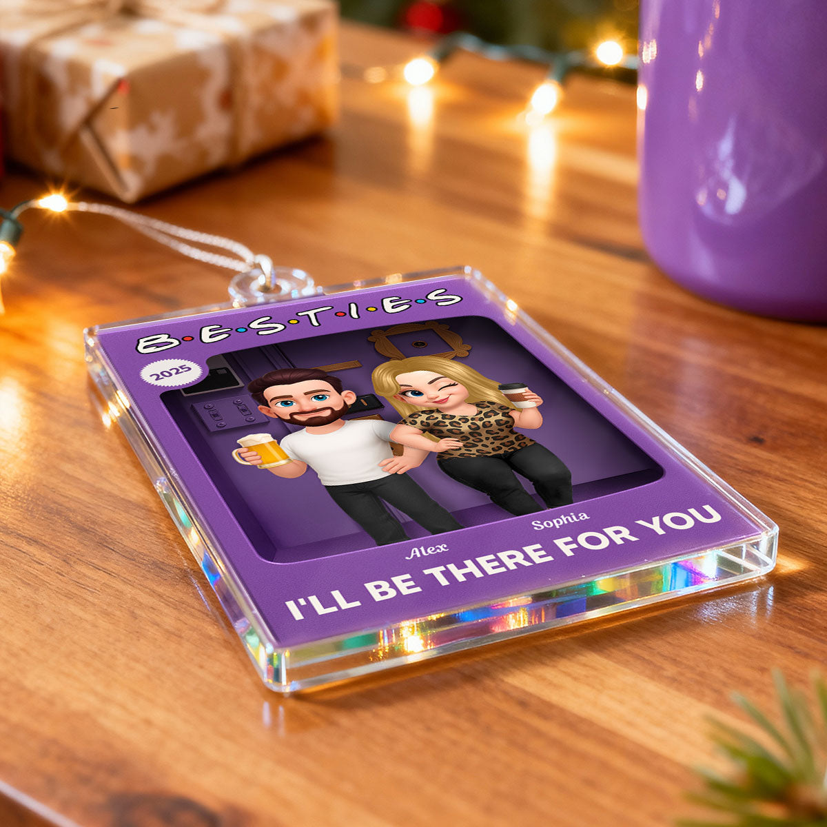 Man Woman Best Friends Purple 3D Effect Toy Box Style - Personalized Acrylic Ornament - Christmas Gift For Friends