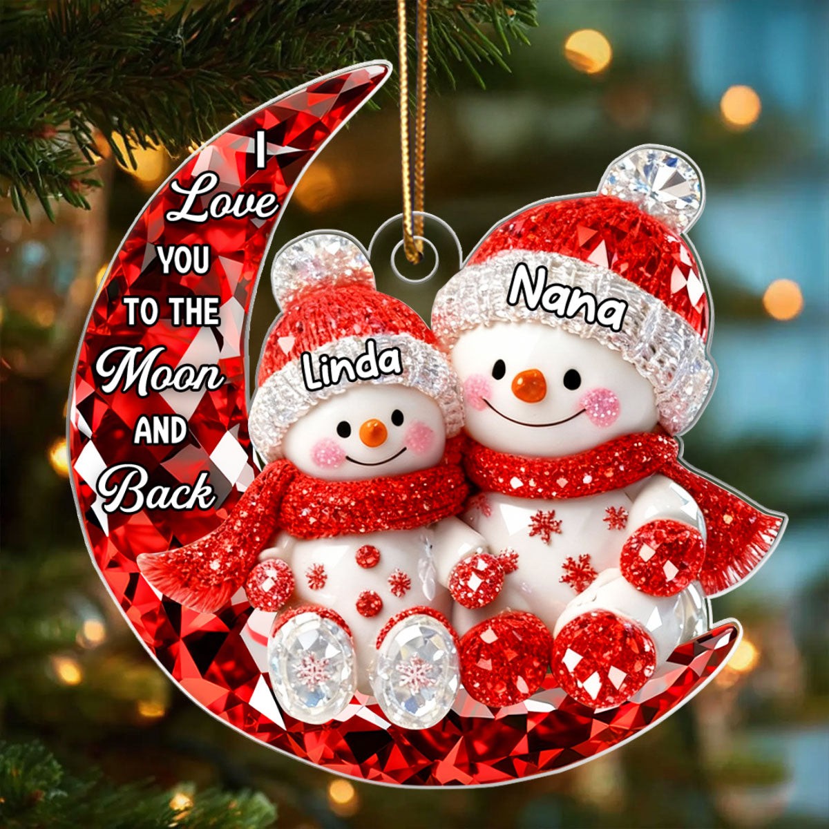 3D Crystal Effect Snowman Grandma Grandkid on Moon - Personalized Acrylic Ornament - Christmas Gift for Grandma, Grandkids
