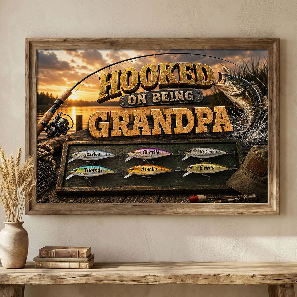 Hooked On Being Grandpa Fishing - Personalized Poster - Father's Day Gift For Dad, Grandpa