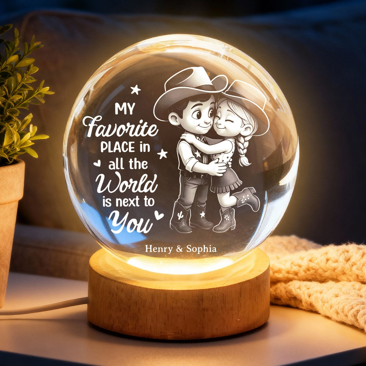 Countryside Couple Cowboy Cowgirl - Personalized Crystal Ball LED Night Light - Anniversary, Valentine's Day Gift, Gift For Him, Gift For Her