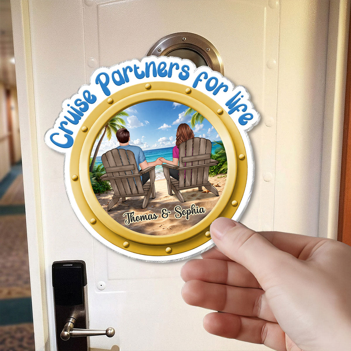 Cruise Partners For Life Porthole Back View Couple Sitting On The Beach - Personalized Cruise Ship Door Magnet