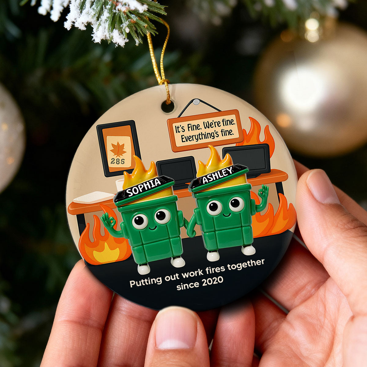 3D Effect Dumpster Fires In Office Scene - Personalized Ceramic Ornament - Funny Gift For Colleagues, Work Besties