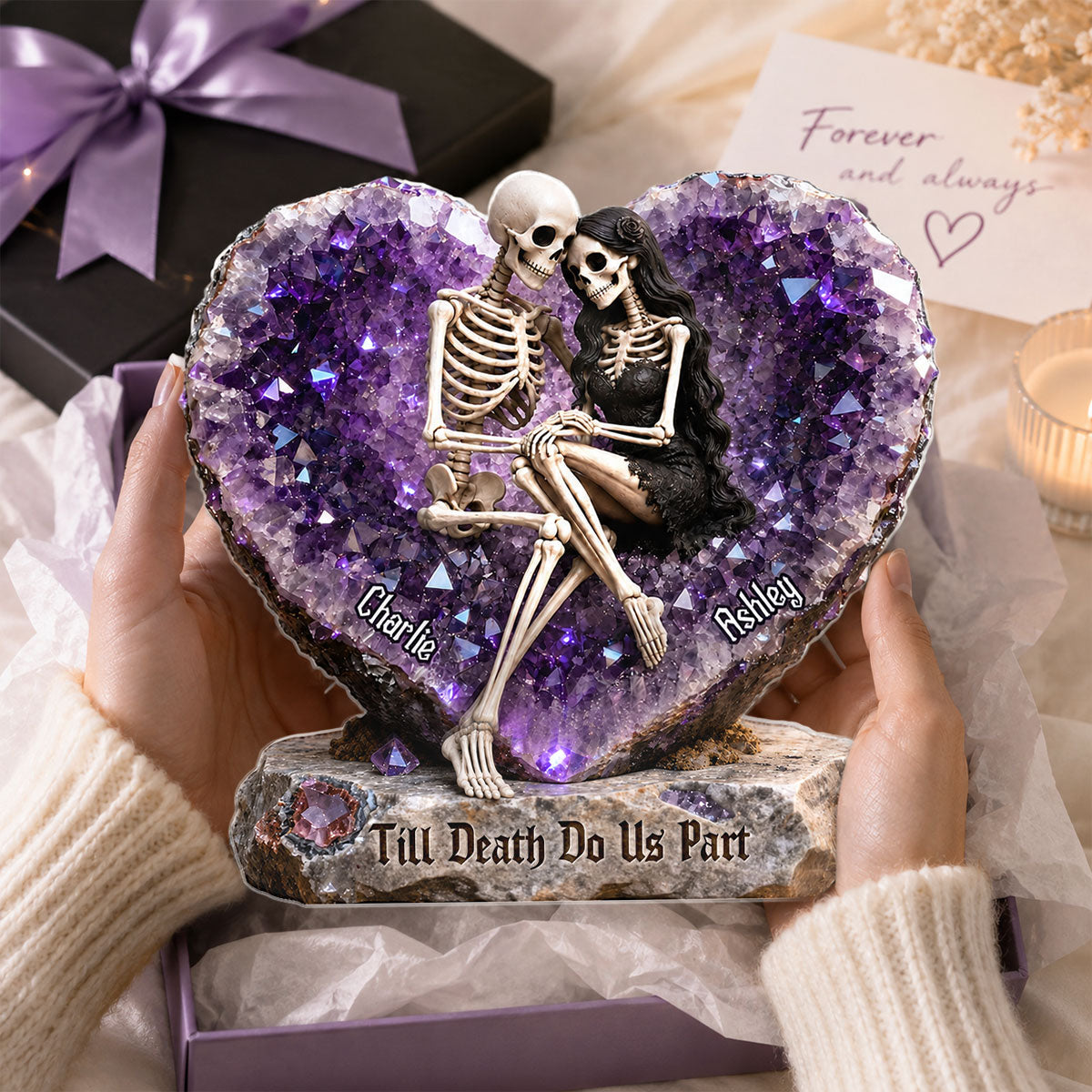 Till Death Do Us Part Skeleton Couple Quartz Heart - Personalized Acrylic Block Plaque - Halloween Decor Gift, Gift For Couple