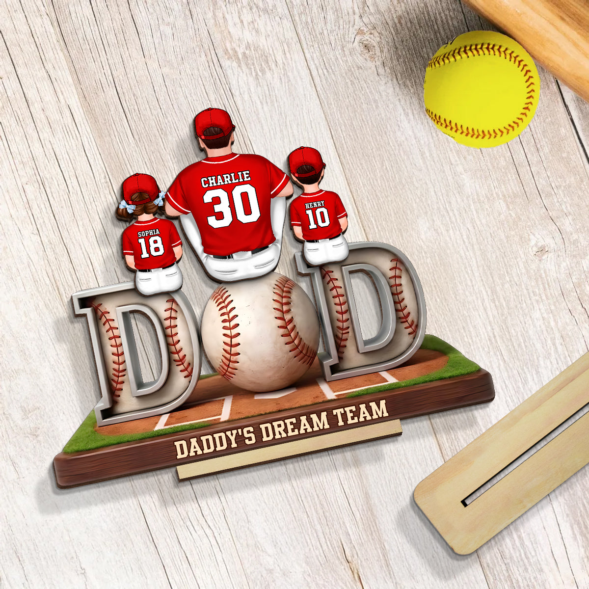Daddy's Dream Team Baseball Family - Personalized 2-Layered Wooden Plaque - Heartfelt Gift For Baseball Dad, Gift For Family