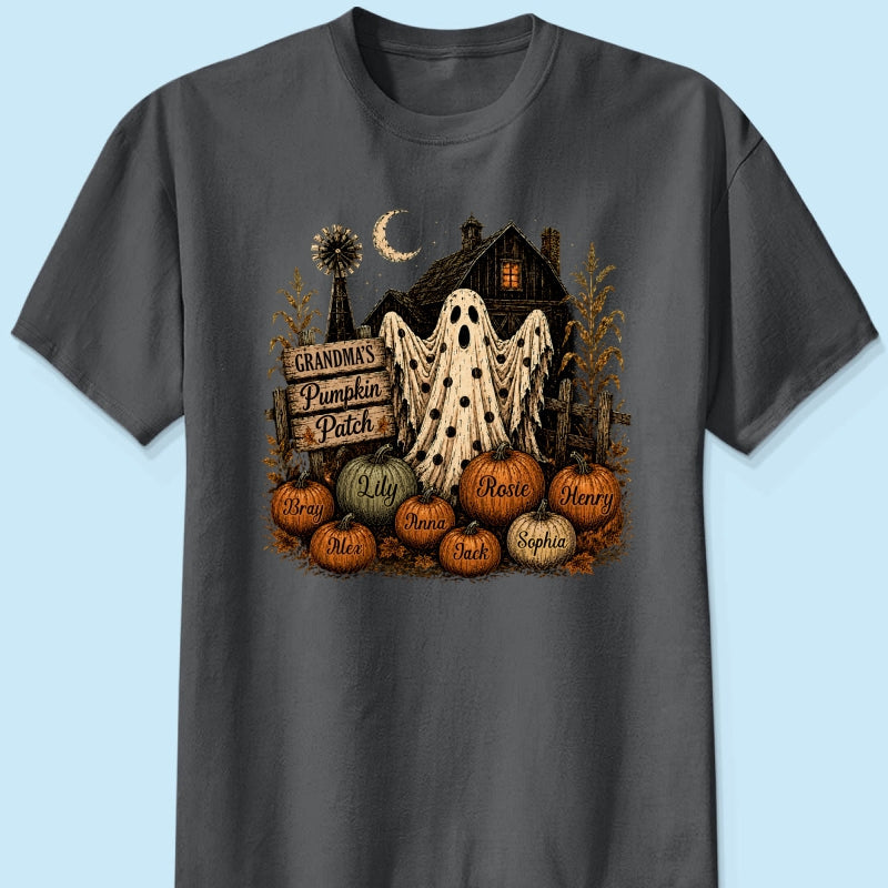 Grandma's Pumpkin Patch Haunted House - Personalized Shirt - Cozy Fall Halloween Tee for Grandma