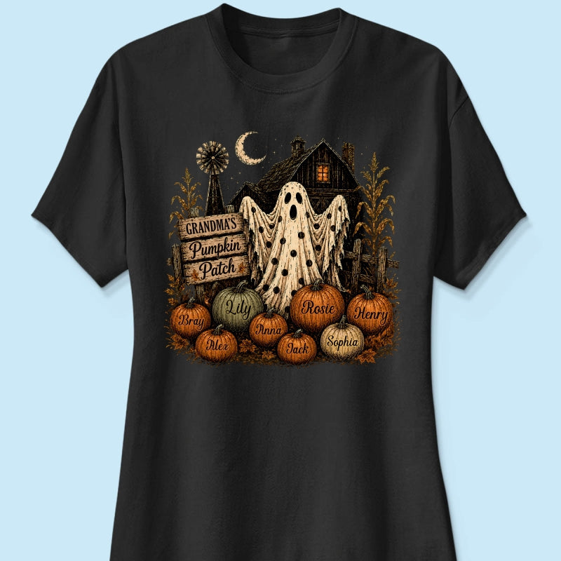 Grandma's Pumpkin Patch Haunted House - Personalized Shirt - Cozy Fall Halloween Tee for Grandma