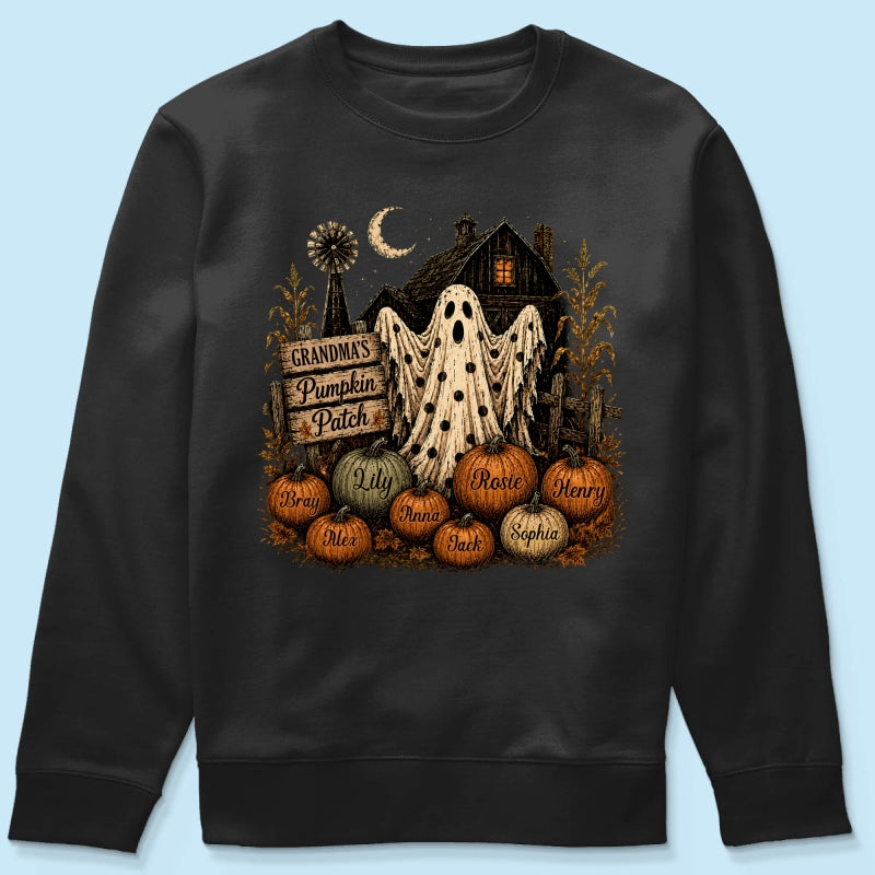 Grandma's Pumpkin Patch Haunted House - Personalized Shirt - Cozy Fall Halloween Tee for Grandma