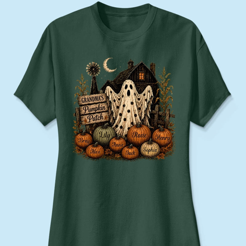 Grandma's Pumpkin Patch Haunted House - Personalized Shirt - Cozy Fall Halloween Tee for Grandma