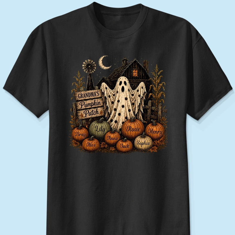 Grandma's Pumpkin Patch Haunted House - Personalized Shirt - Cozy Fall Halloween Tee for Grandma