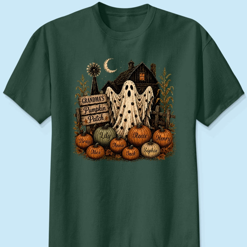 Grandma's Pumpkin Patch Haunted House - Personalized Shirt - Cozy Fall Halloween Tee for Grandma
