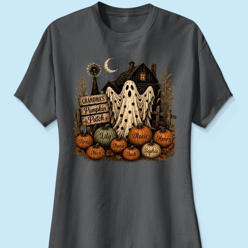 Grandma's Pumpkin Patch Haunted House - Personalized Shirt - Cozy Fall Halloween Tee for Grandma