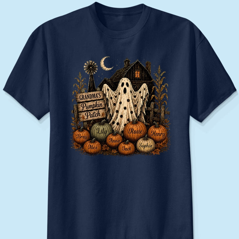 Grandma's Pumpkin Patch Haunted House - Personalized Shirt - Cozy Fall Halloween Tee for Grandma