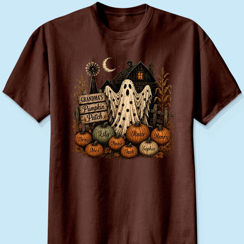 Grandma's Pumpkin Patch Haunted House - Personalized Shirt - Cozy Fall Halloween Tee for Grandma