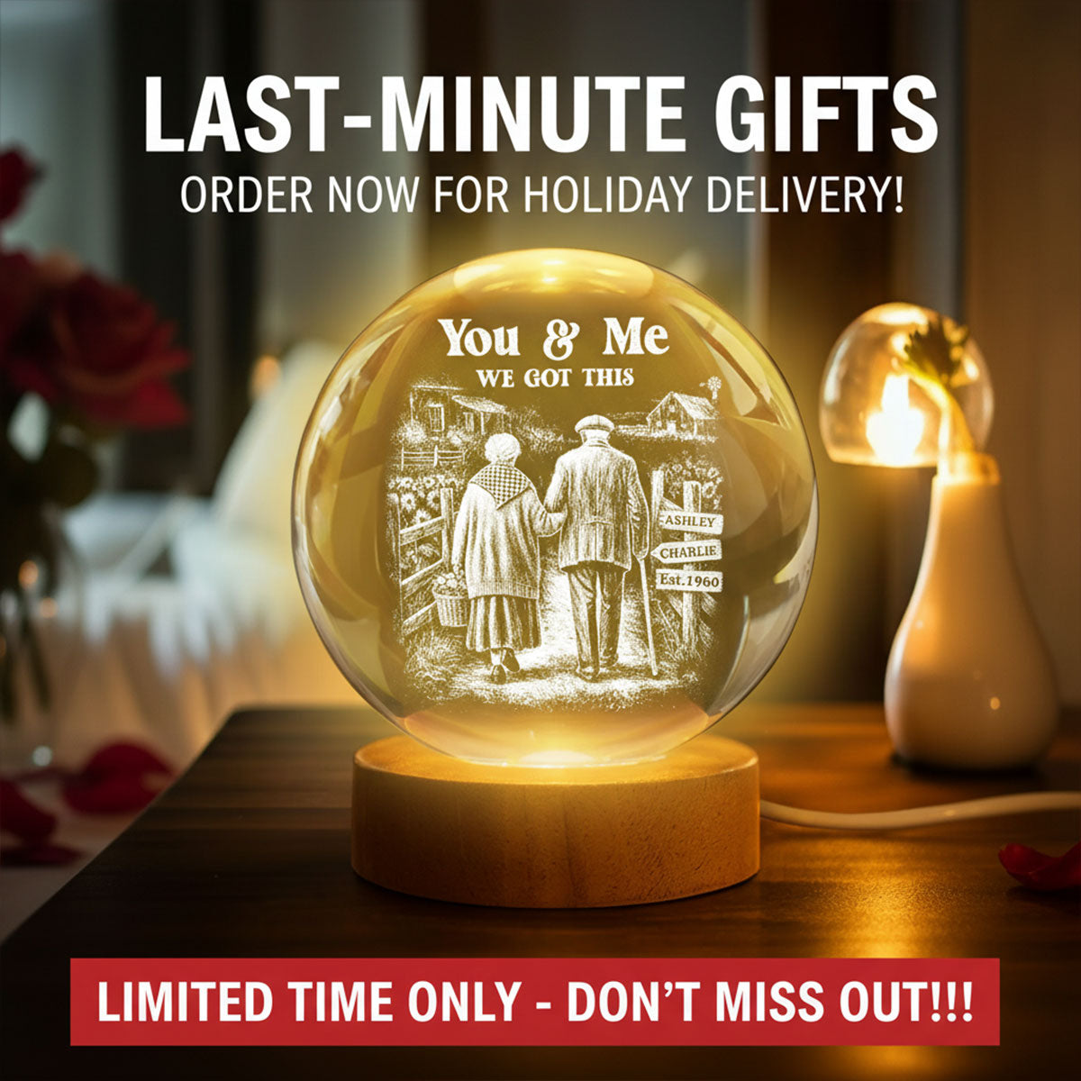 Old Couple Walking Growing Old Together - Personalized Crystal Ball LED Night Light, Heartfelt Valentine's Day Gift For Couple, For Him, For Her