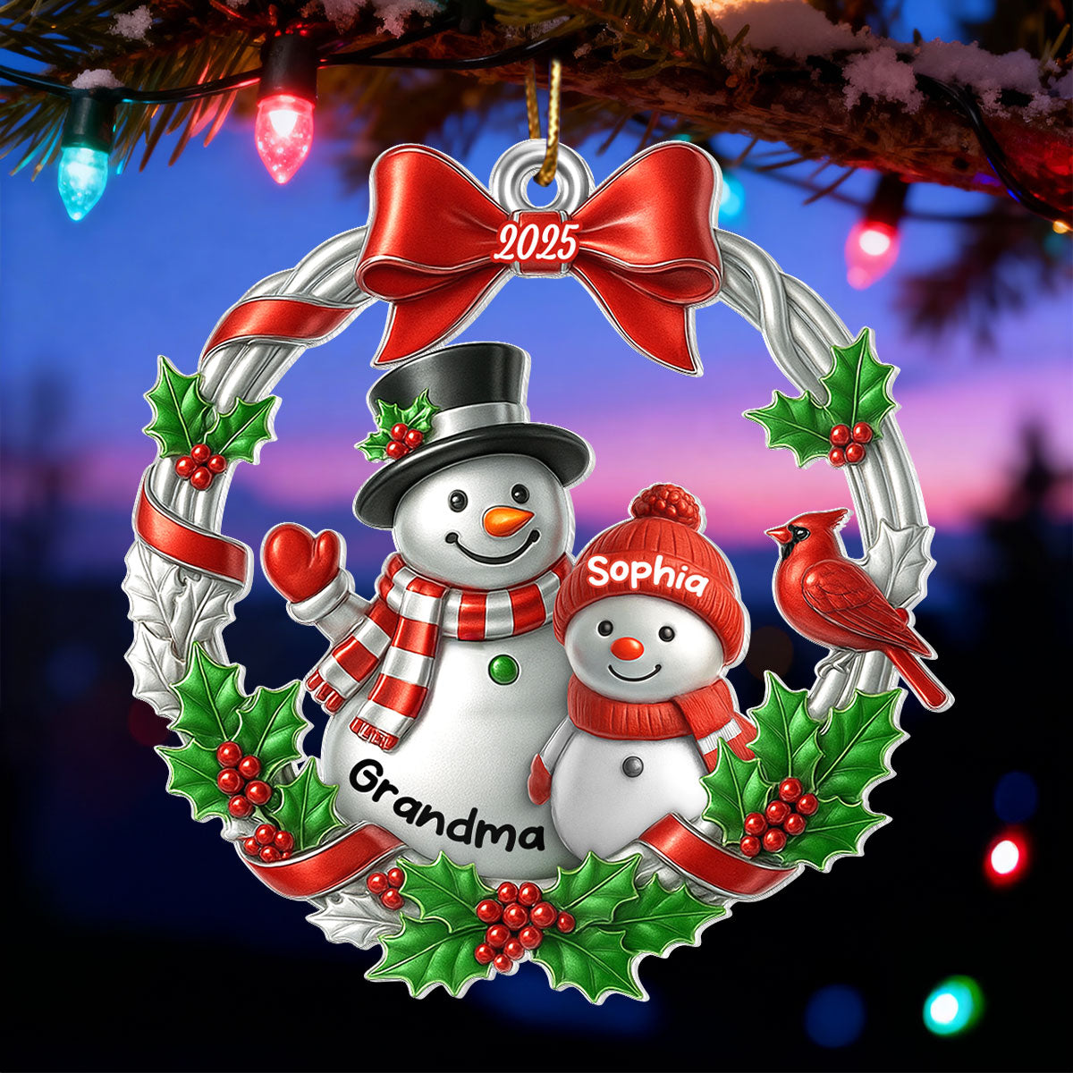 3D Metallic Effect Snowman Grandma Grandkid - Personalized Acrylic Ornament - Christmas Gift for Grandma