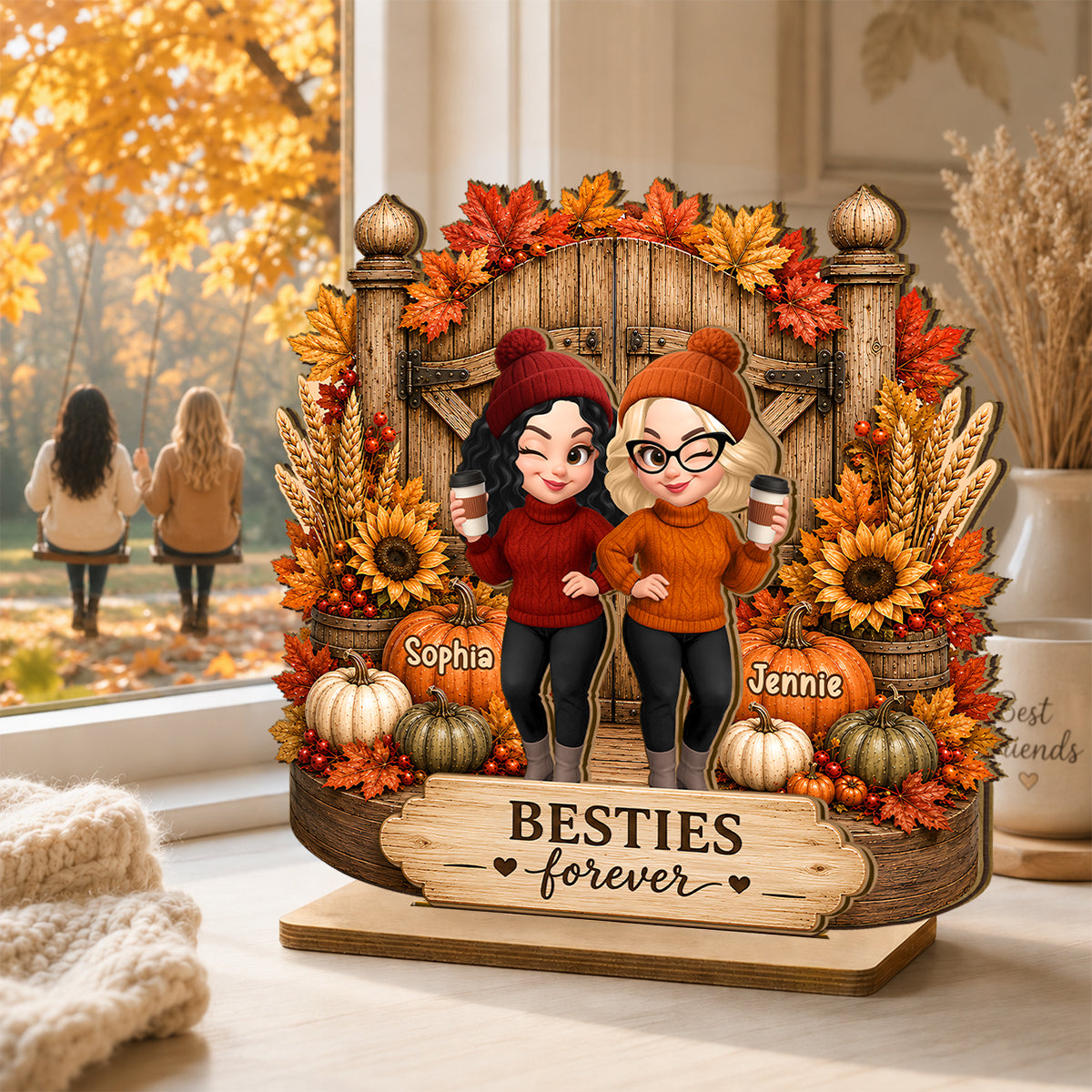 Besties Forever Fall Decor - Personalized 2-Layered Wooden Plaque - Cozy Fall Gift for Best Friends