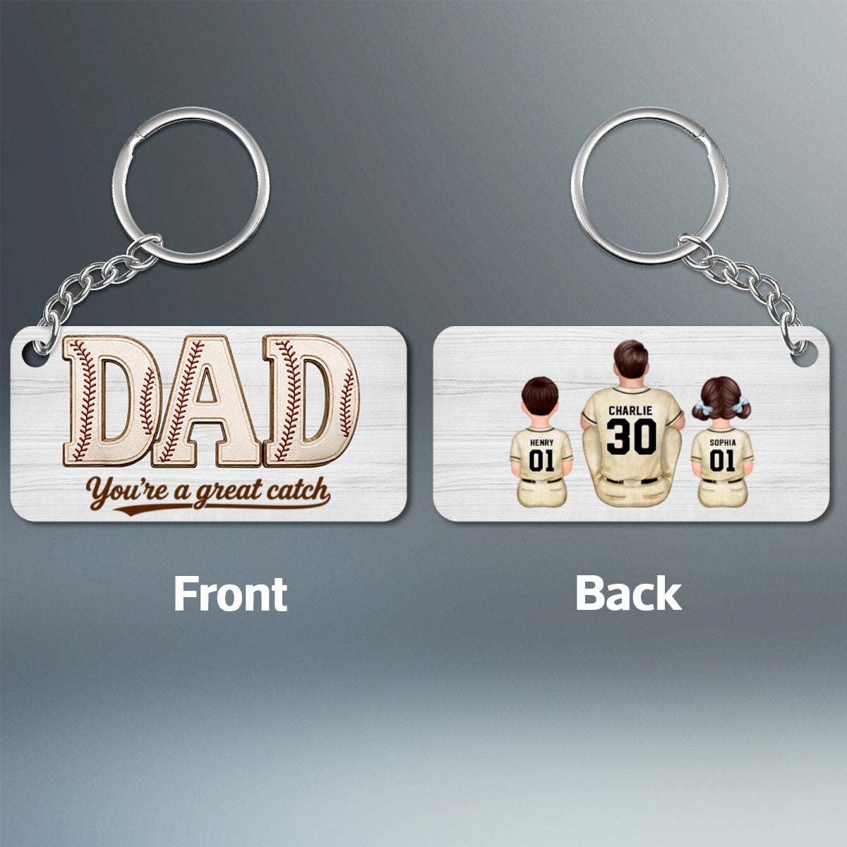 Dad We Love You Baseball Man & Kids Sitting - Personalized Wooden Keychain - Father's Day Gift For Basketball Dad
