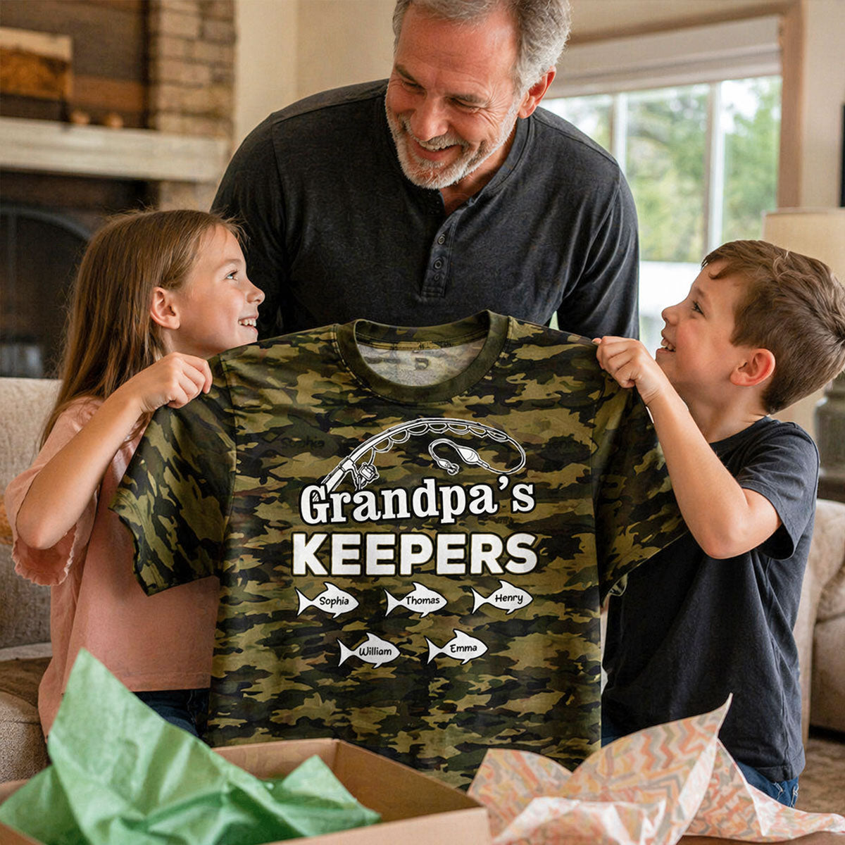 Grandpa's Keepers Kid Custom Name Camo Pattern - Personalized Shirt - Father's Day Gift For Fishing Grandpa, Dad, Husband