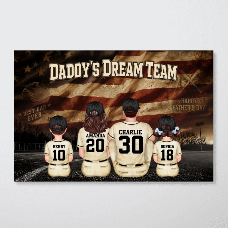 Daddy's Dream Team Baseball Nation Flag Family Sitting - Personalized Poster - Father's Day Gift for Dad, Husband