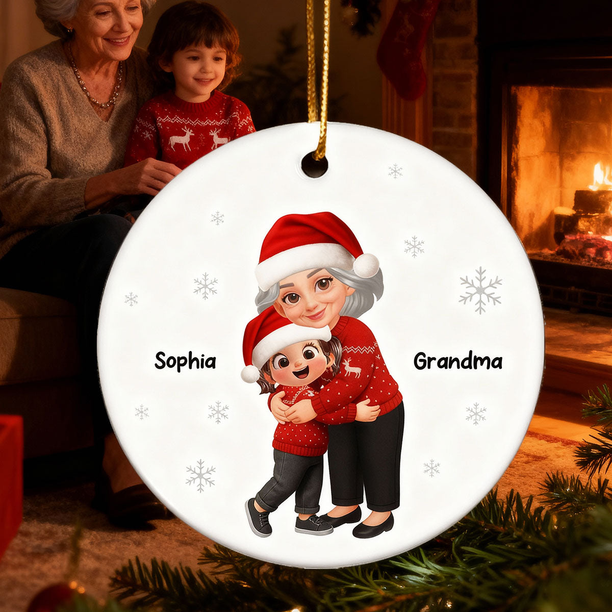 Christmas Grandma Hugging Grandkid - Personalized Ceramic Ornament - Heartwarming Gift For Kids, Grandmas