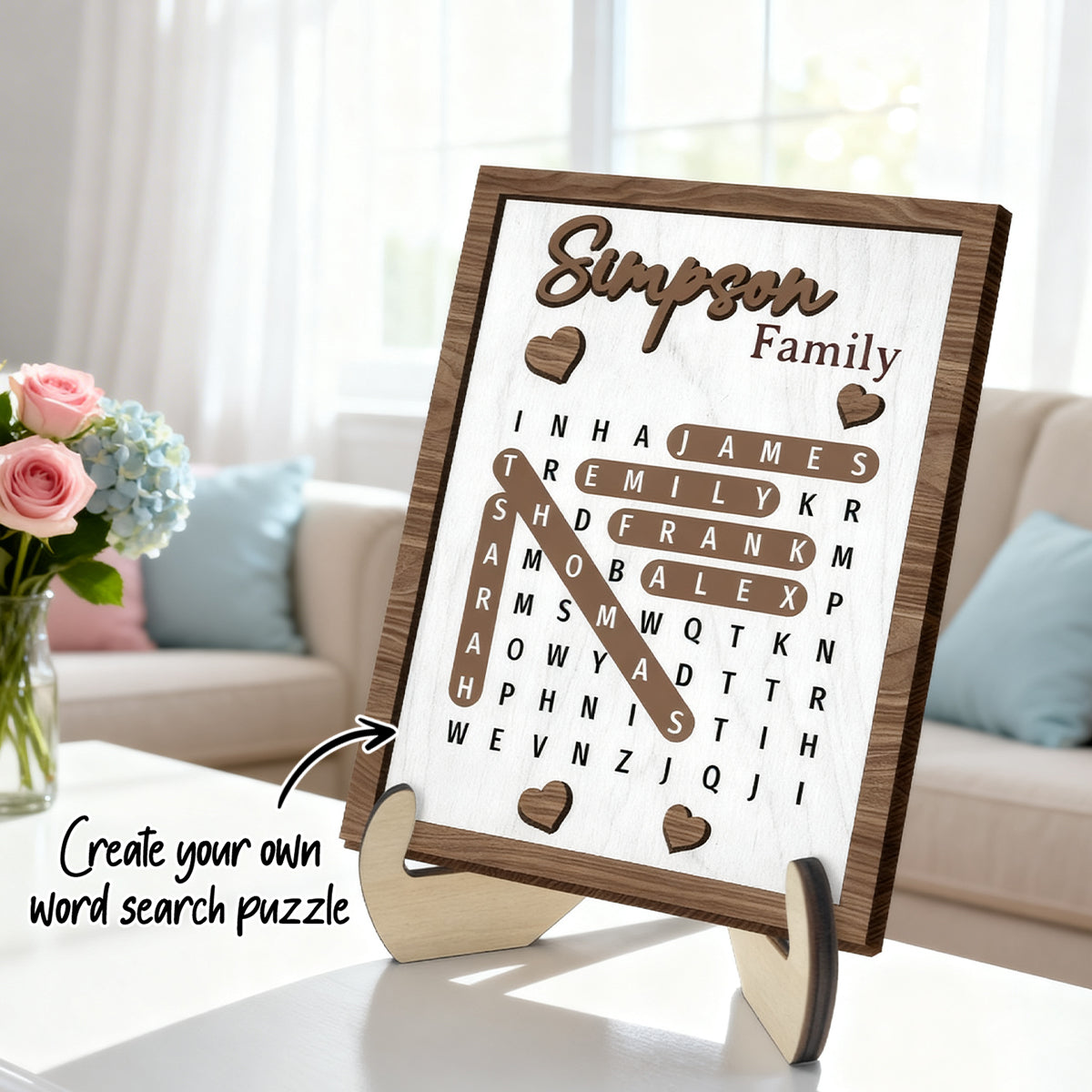 Family Word Search Puzzle Sign - Personalized 2-Layered Wooden Plaque - Gift for Mom, Dad, Grandparents