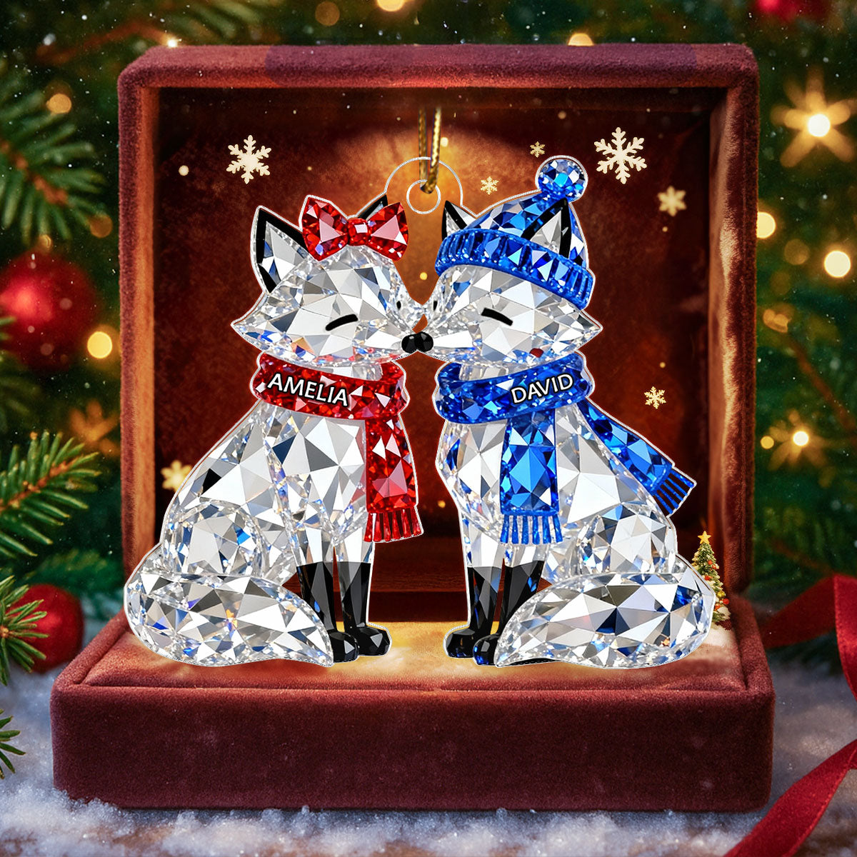 3D Crystal Effect Christmas Foxes Couple - Personalized Acrylic Ornament - Heartwarming Christmas Gift for Couple
