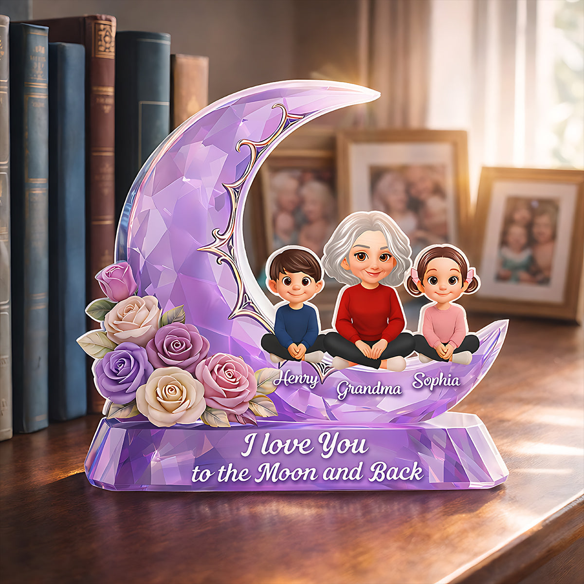 Love You To The Moon Grandma Grandkids Rose Moon - Personalized Acrylic Block Plaque - Heartfelt Gift For Mom, Grandma