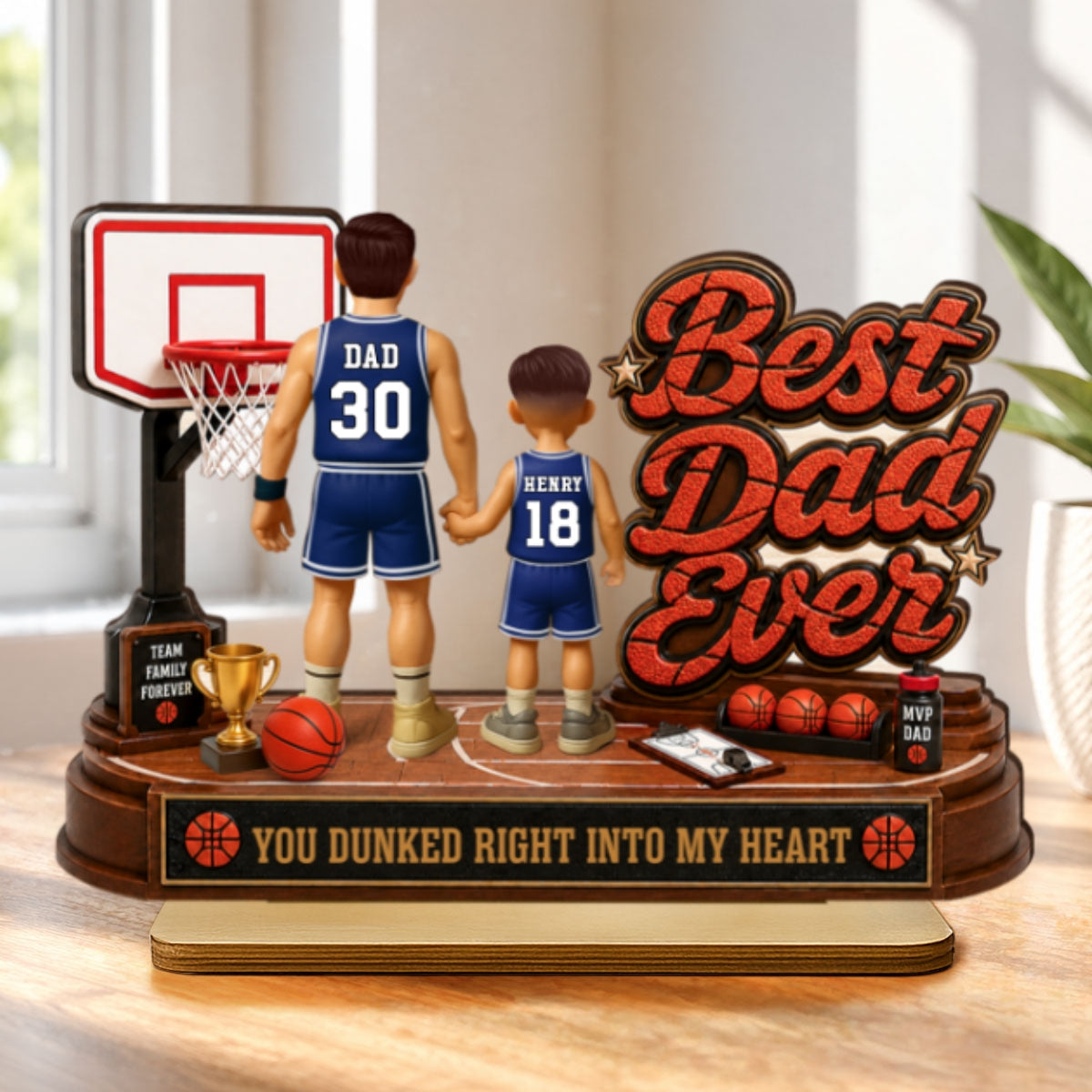 Best Basketball Dad Ever Dunked Right Into Our Hearts - Personalized 2-Layered Wooden Plaque -  Gift For Dad, Husband