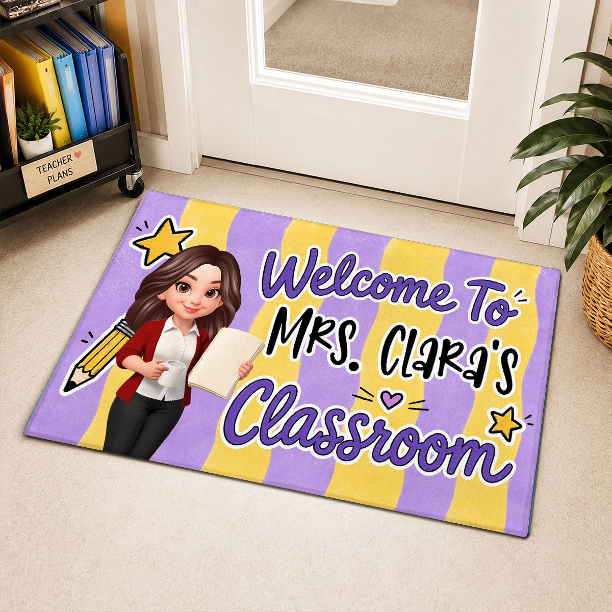 Striped Teacher Welcome To Classroom - Personalized Doormat - Back To School Gift, Classroom Decoration
