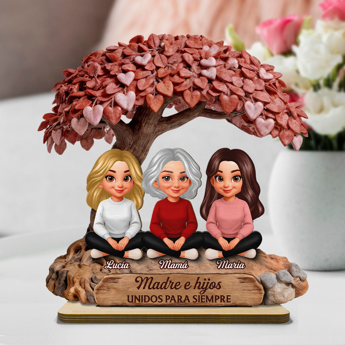 Mamá y Hija Hijo Bajo el Árbol del Corazón - Placa de Madera Personalizada de 2 Capas - Regalo para Mamá
