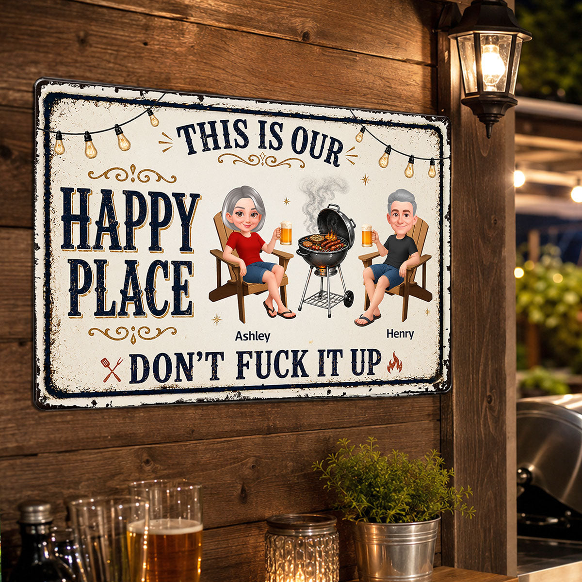 This Is Our Happy Place Backyard Bar Grilling - Personalized Metal Sign - Funny Sarcasm Summer Decoration