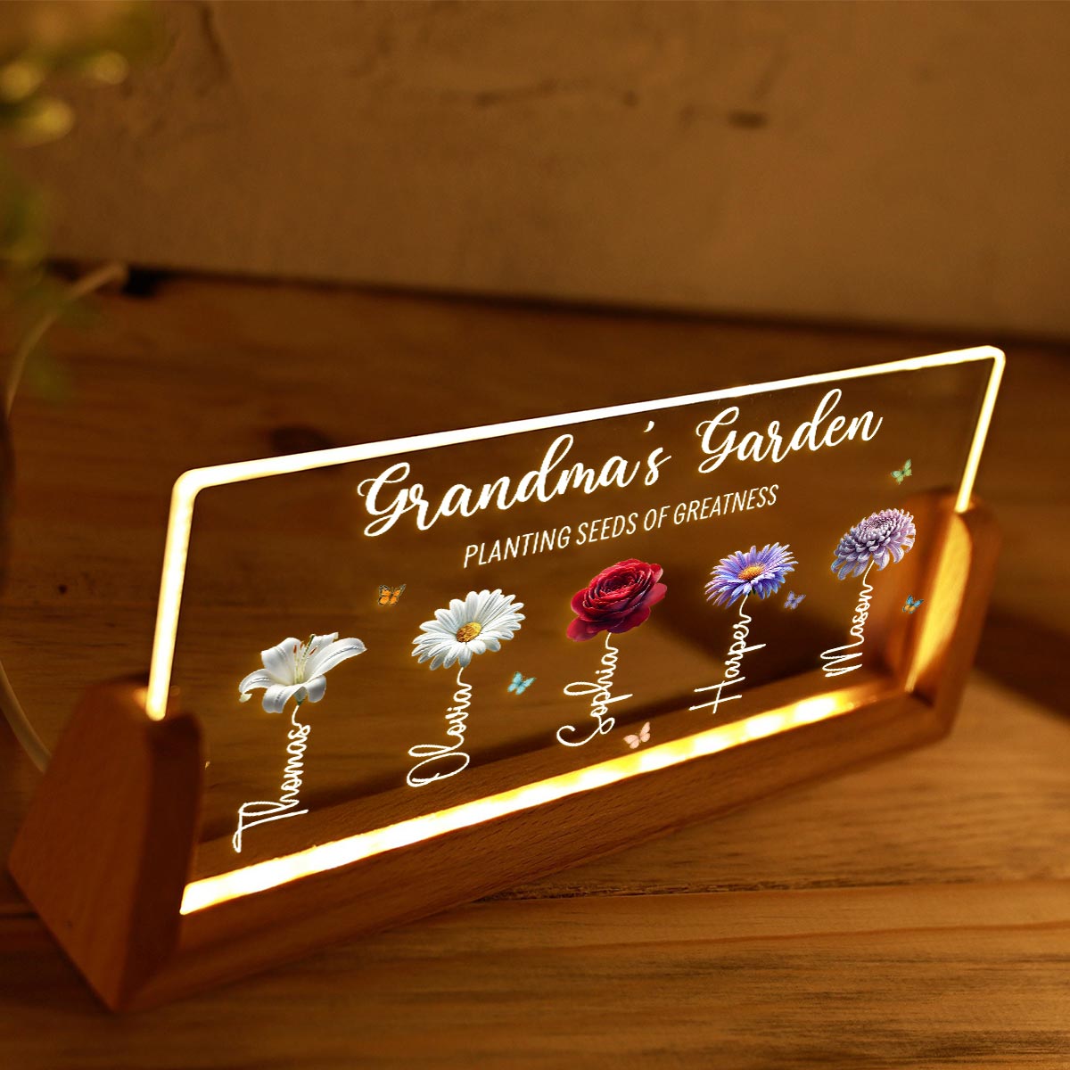 Grandma's Garden Custom Birth Month Flowers - Personalised Acrylic Plaque LED Night Light - Gift For Grandma