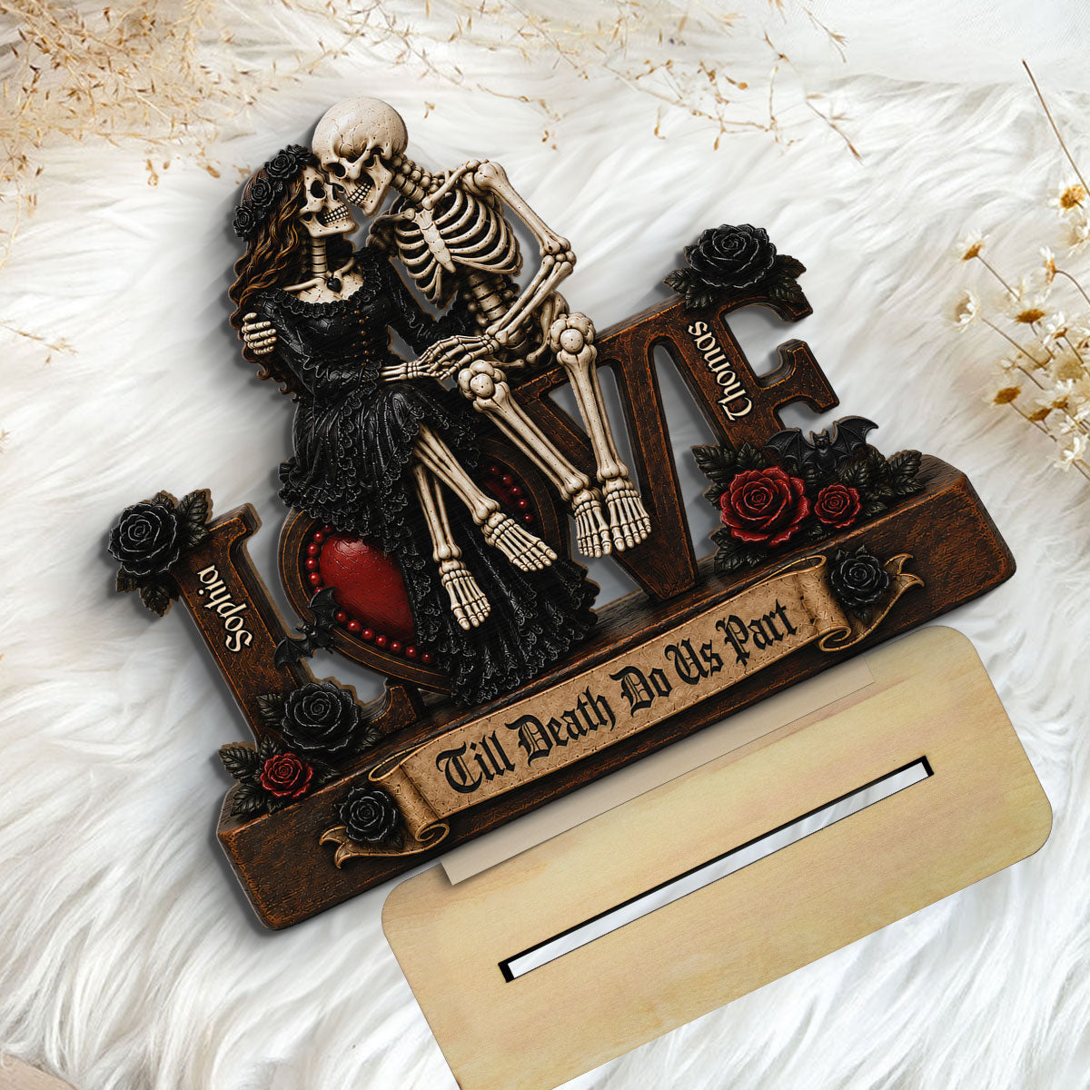 Skeleton Couple Eternal LOVE 2D Flat - Personalized 2-Layered Wooden Plaque - Halloween Decor For Couple