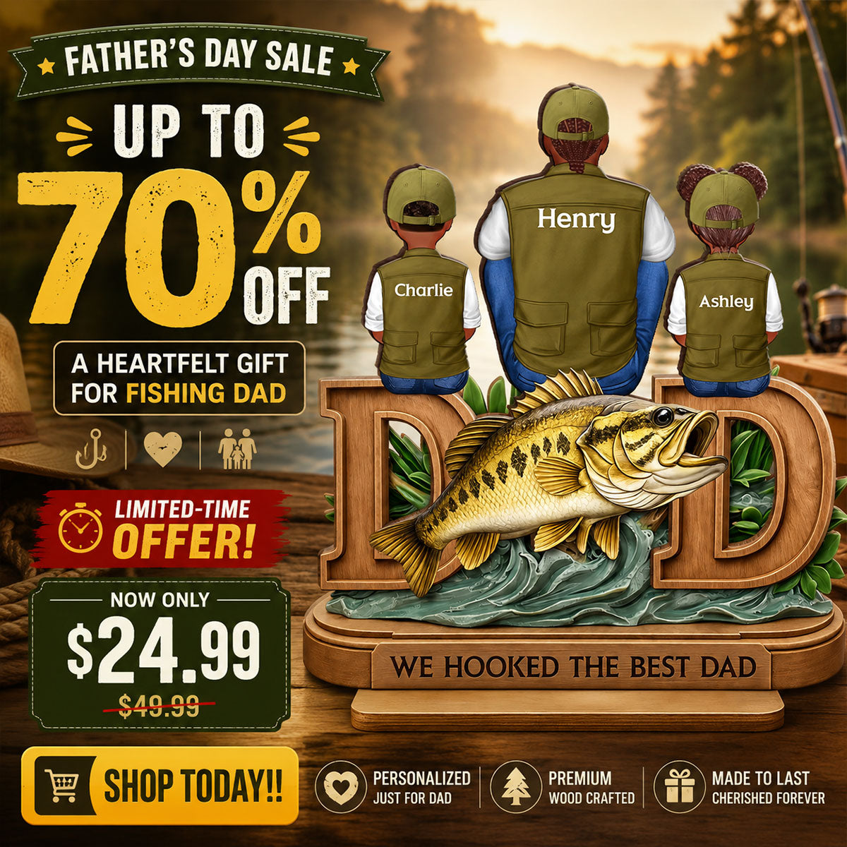 Fishing Dad And Kids Sitting Together - Personalized 2-Layered Wooden Plaque - Heartfelt Gift For Dad, Gift For Husband