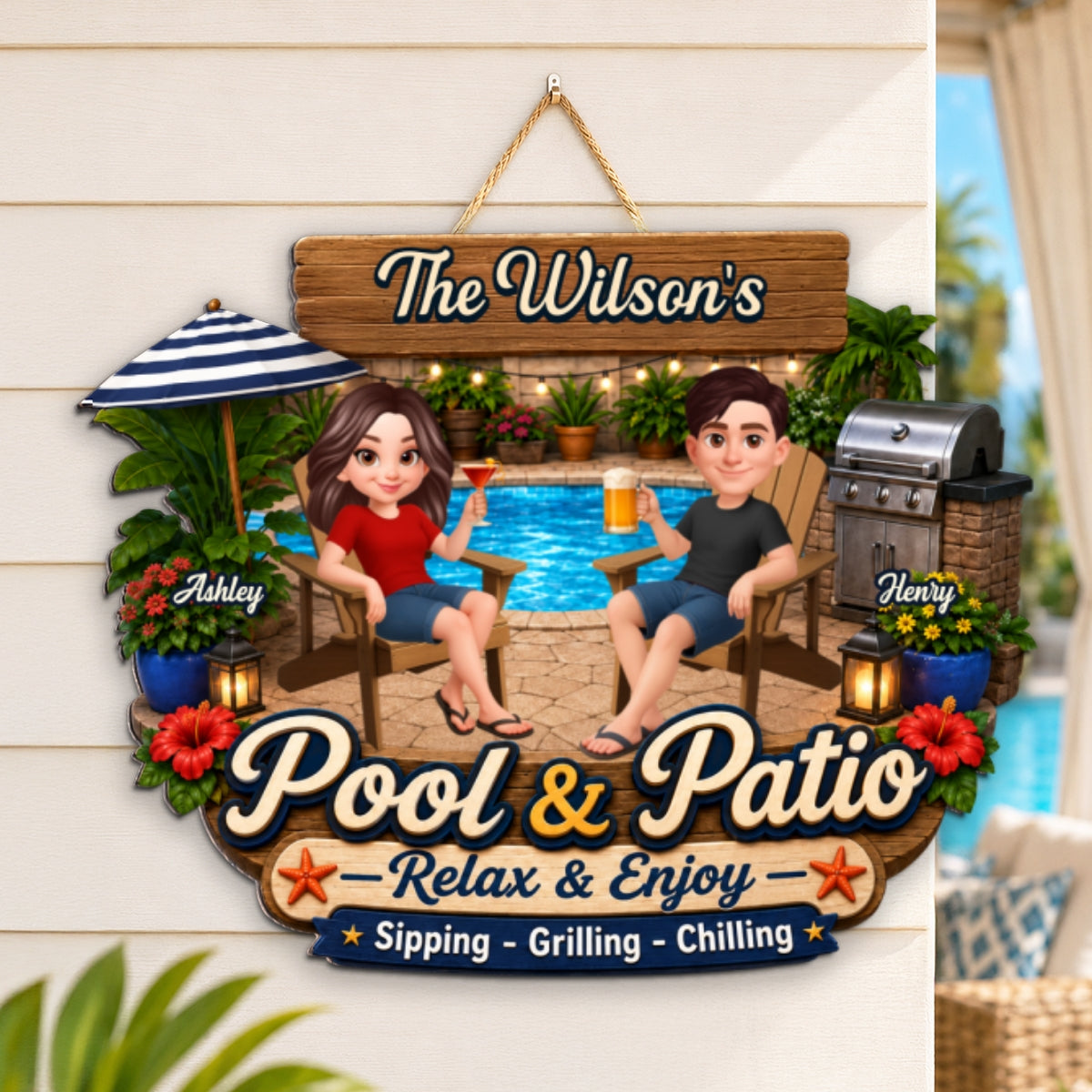 Welcome To Our Pool & Patio - Personalized Wood Sign - Gift For Couple, Summer Patio Pool Decoration