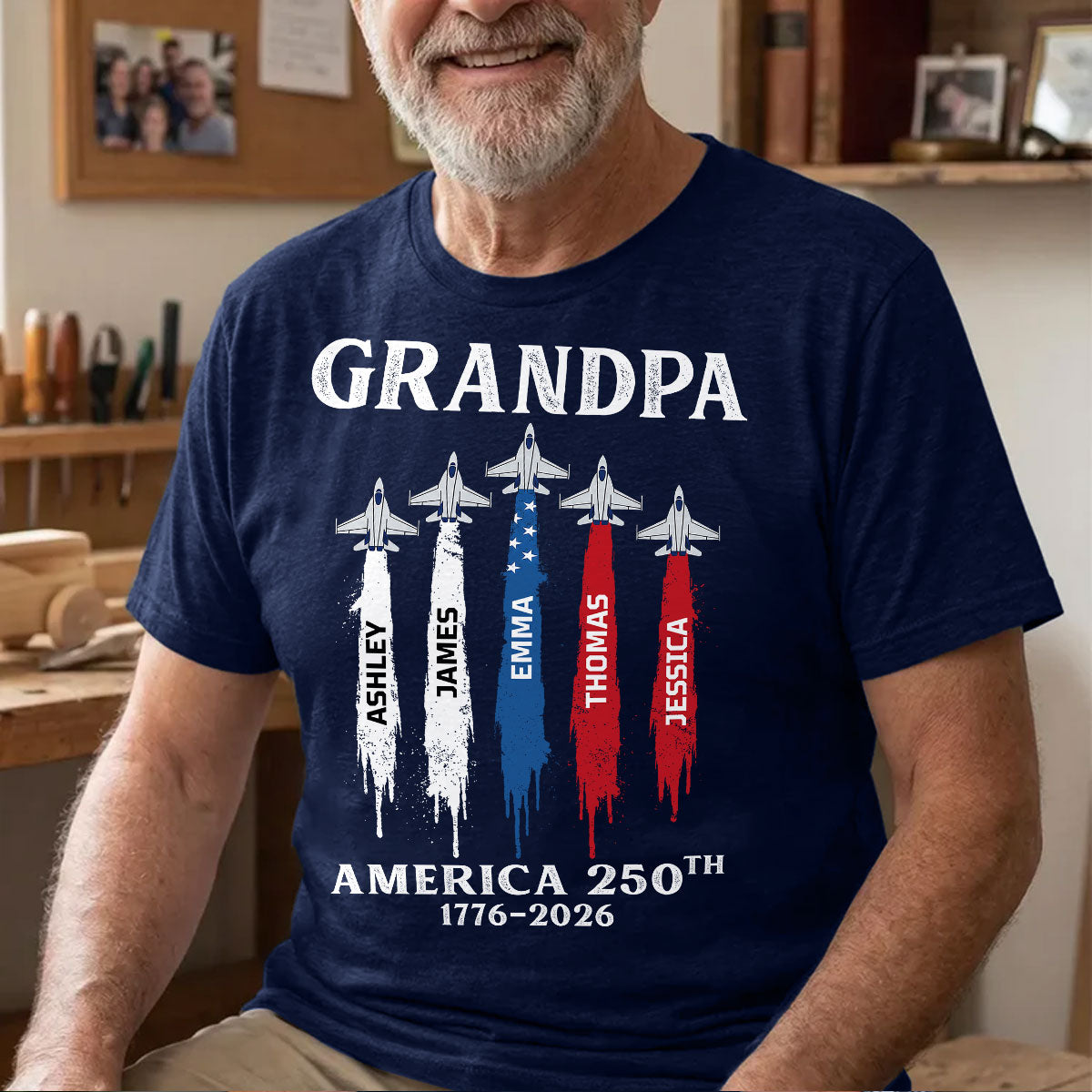 Grandpa Dad Patriotic Jet Fighter Custom Kids Names - Personalized Shirt - Father's Day Gift, America 250th Anniversary, 1776 - 2026