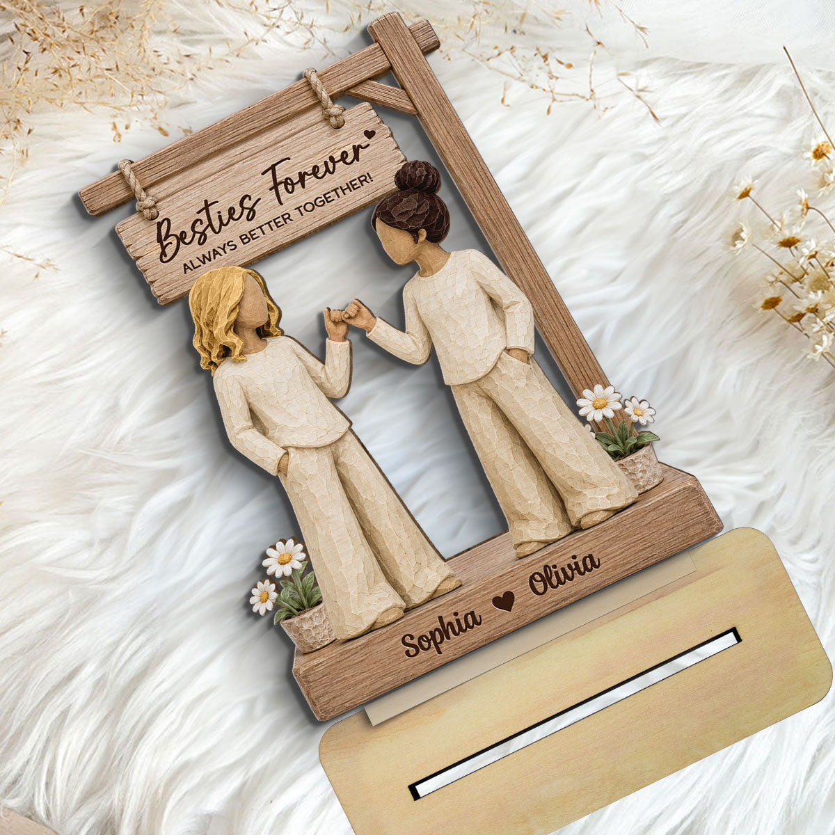 Besties Forever Pinky Promise Under Sign Post 2D Flat - Personalized 2-Layered Wooden Plaque - Friendship Keepsake