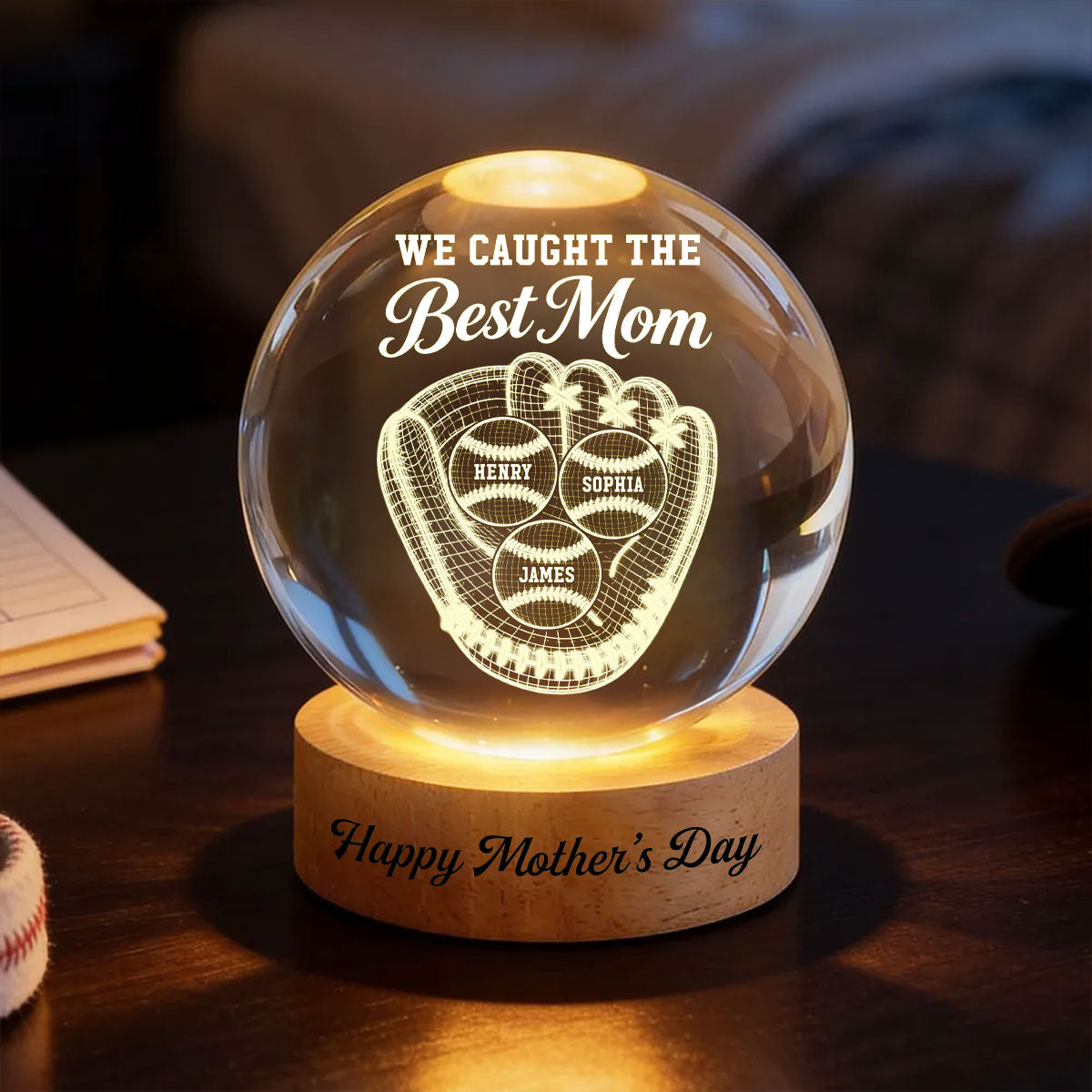 Baseball We Caught The Best Mom Illusion - Personalized Crystal Ball LED Night Light - Mother's Day Gift For Mom, Wife