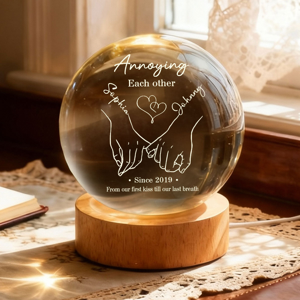 Annoying Each Other and Still Going Strong - Personalized Crystal Ball LED Night Light - Sentimental Valentine's Day Gift for Her, for Him