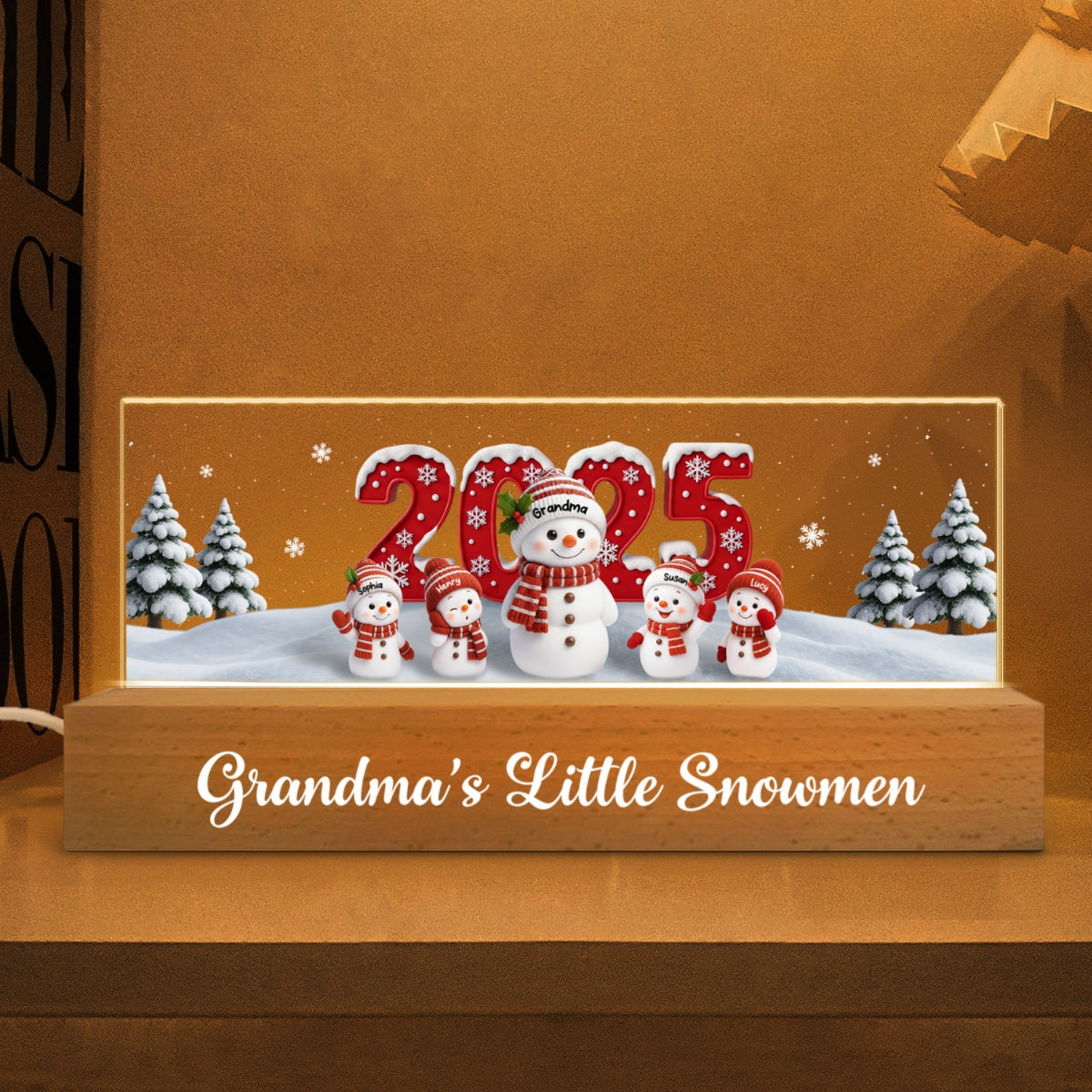 Grandma's Little Snowmen - Personalized Acrylic Block LED Night Light - Christmas Gift for Grandma