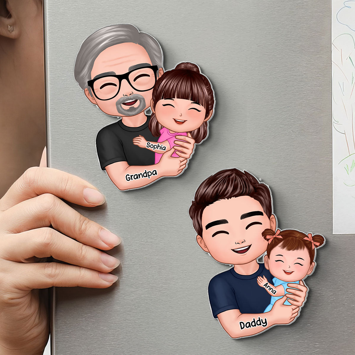 Father Grandfather Love Dad Grandpa Embracing Kid Baby - Personalized Acrylic Fridge Magnet - Father's Day Gift For Dad, Husband, Grandpa