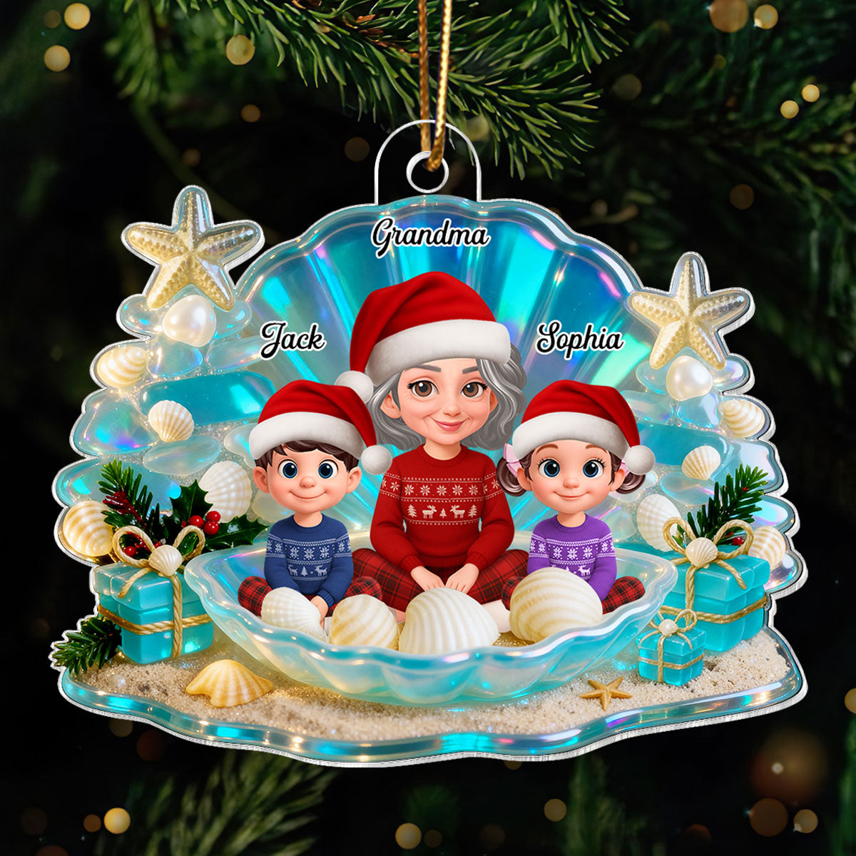 3D Effect Seashell Grandma Grandkids Christmas Together - Personalized Acrylic Ornament
