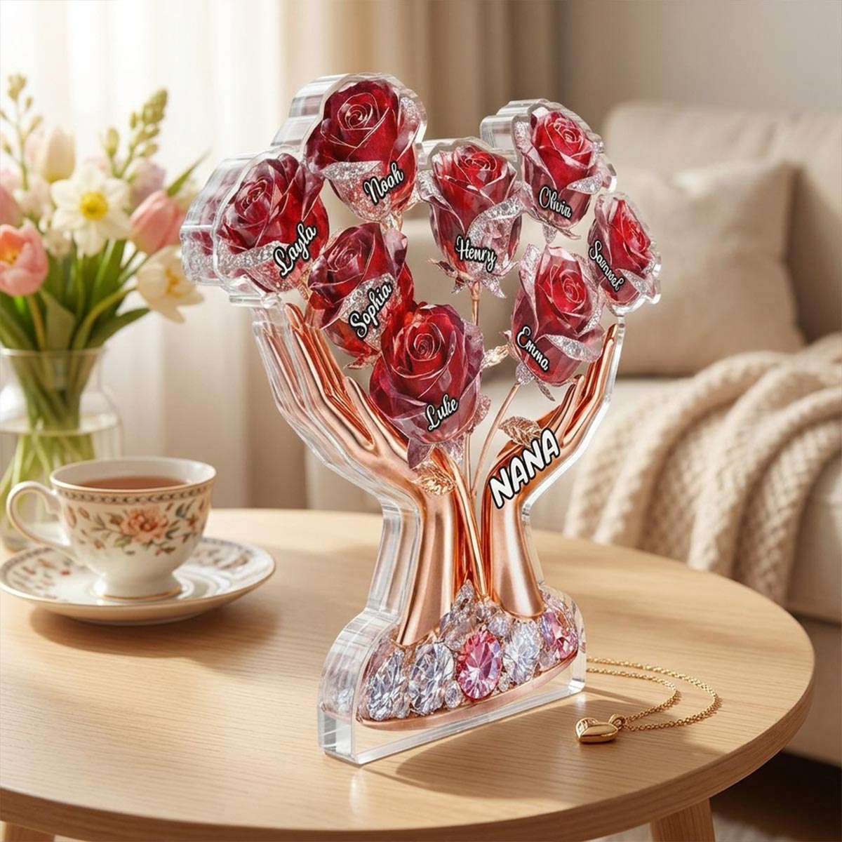 Grandma Hands Roses - Personalized Acrylic Block Plaque - Mother's Day Gift For Grandma
