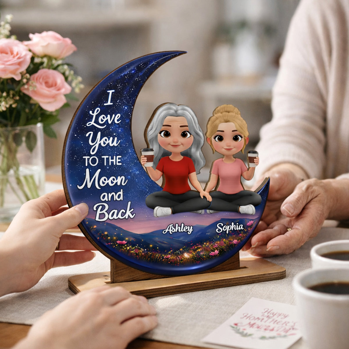 I Love You To The Moon And Back Mom Daughters - Personalized 2-Layered Wooden Plaque - Heartfelt Gift For Mom, Grandma